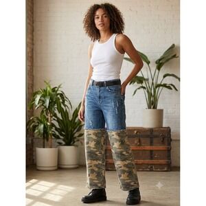 Kroix Two Tone Hybrid Denim Camo Wide Leg Distressed Pants Womens Medium Y2k